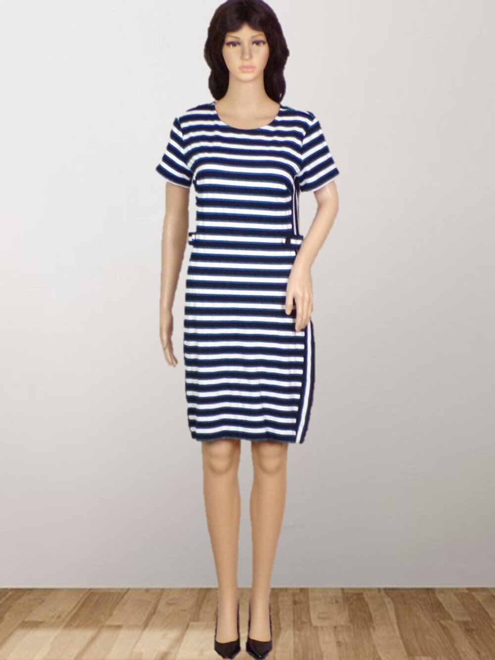BANANA REPUBLIC size 8 black/white/blue striped short-sleeve sheath dress